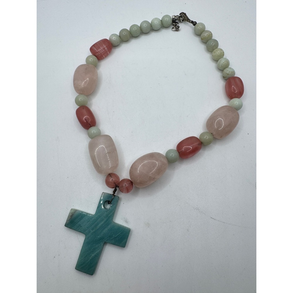 Natural Stone Beaded Cross Necklace Rose Quartz Aventurine Teal Pendant
